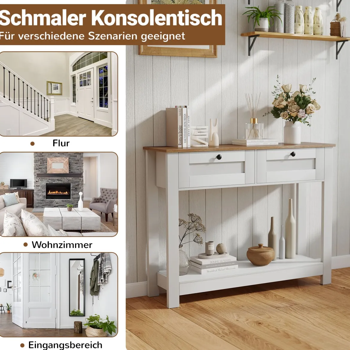 Holz Konsolentisch mit 2 Schubladen 2 Ebenen Schmaler Flurtisch Eingangstisch Beistelltisch Weiß