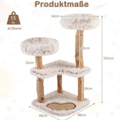 Holz Kratzbaum mit Kratzpfosten aus Massivholz & Jute Katzenbaum mit Kratzmatte Katzenturm