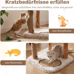 Holz Kratzbaum mit Kratzpfosten aus Massivholz & Jute Katzenbaum mit Kratzmatte Katzenturm