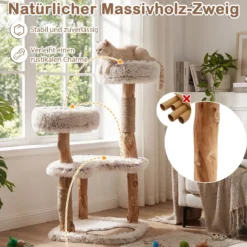 Holz Kratzbaum mit Kratzpfosten aus Massivholz & Jute Katzenbaum mit Kratzmatte Katzenturm