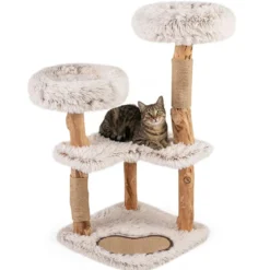 Holz Kratzbaum mit Kratzpfosten aus Massivholz & Jute Katzenbaum mit Kratzmatte Katzenturm