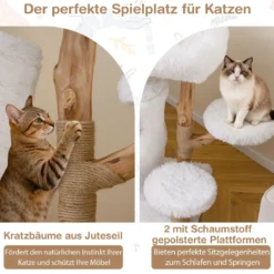 Holz Kratzbaum mit Plüsch Plattformen & 2-stöckiger Katzenhöhle & Jute Kratzsäulen Katzenbaum