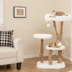 Holz Kratzbaum mit Plüschsitzfläche & 2 Plattformen & Spielball & Kratzpfosten Katzenbaum