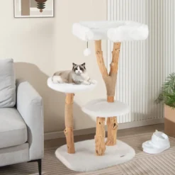 Holz Kratzbaum mit Plüschsitzfläche & 2 Plattformen & Spielball & Kratzpfosten Katzenbaum
