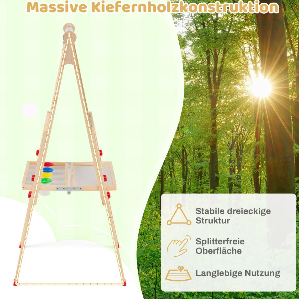 Holz-Kunststaffelei für Kinder 3-in-1 klappbare doppelseitige magnetische Staffelei mit Whiteboard Tafel Natur