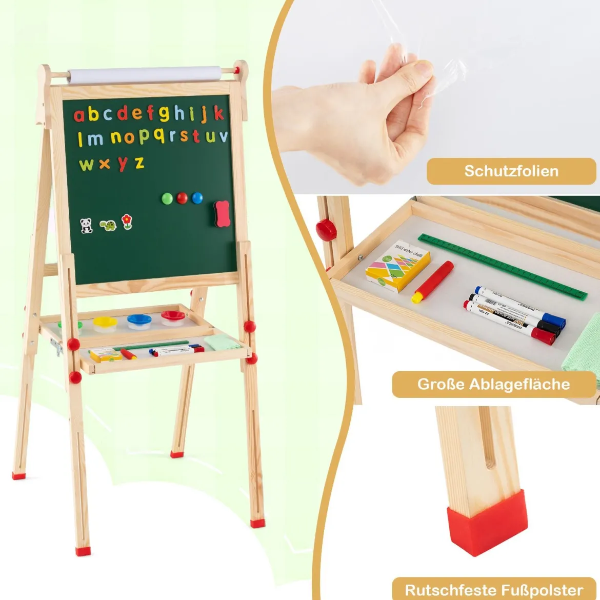 Holz-Kunststaffelei für Kinder 3-in-1 klappbare doppelseitige magnetische Staffelei mit Whiteboard Tafel Natur