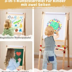 Holz-Kunststaffelei für Kinder 3-in-1 klappbare doppelseitige magnetische Staffelei mit Whiteboard Tafel Natur