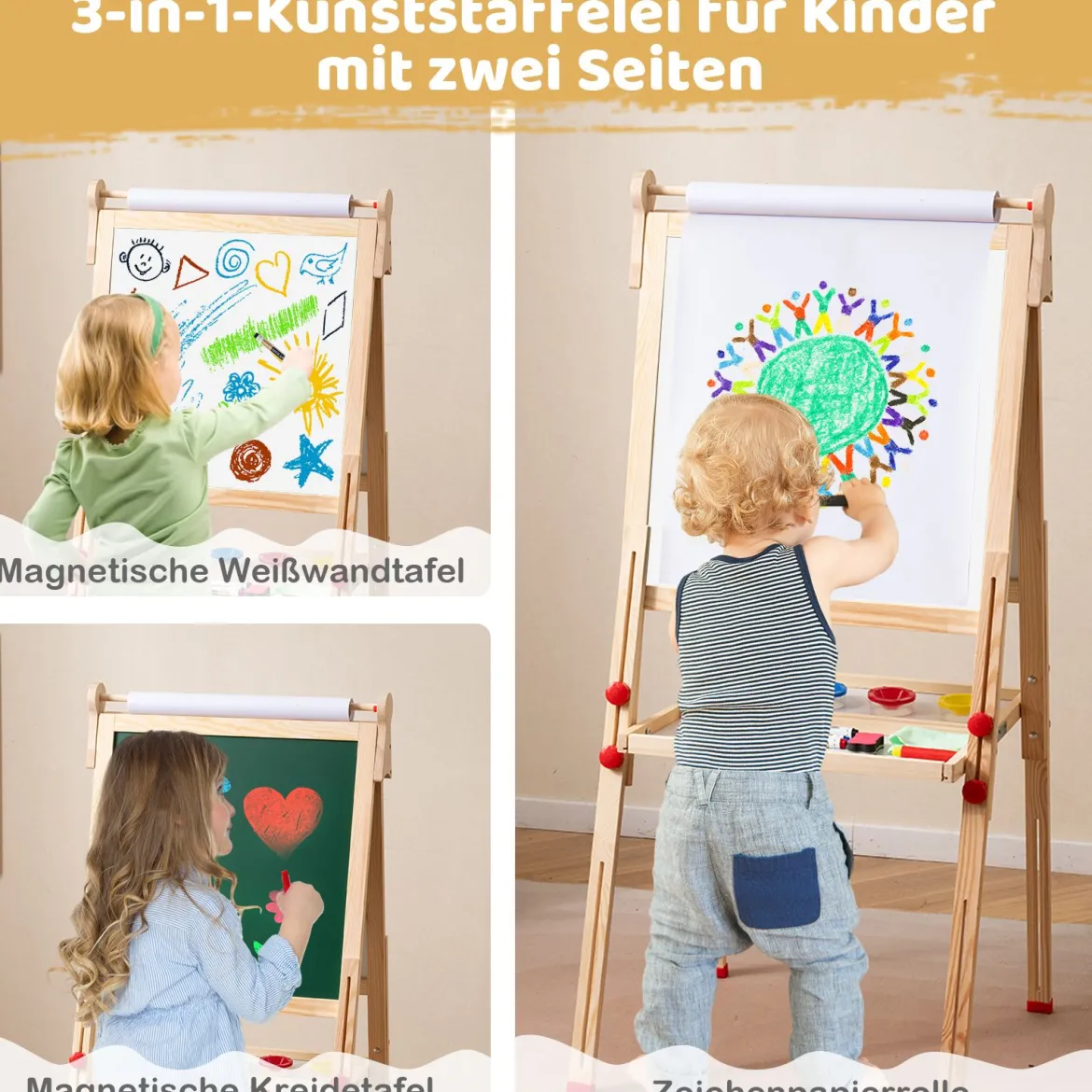 Holz-Kunststaffelei für Kinder 3-in-1 klappbare doppelseitige magnetische Staffelei mit Whiteboard Tafel Natur