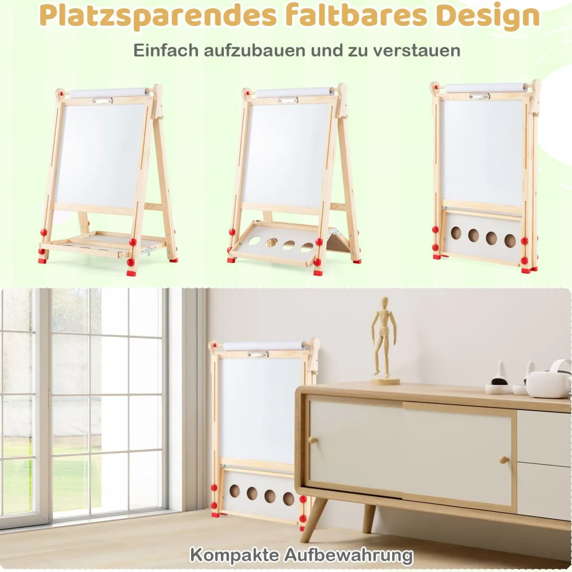 Holz-Kunststaffelei für Kinder 3-in-1 klappbare doppelseitige magnetische Staffelei mit Whiteboard Tafel Natur