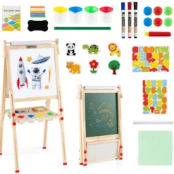 Holz-Kunststaffelei für Kinder 3-in-1 klappbare doppelseitige magnetische Staffelei mit Whiteboard Tafel Natur