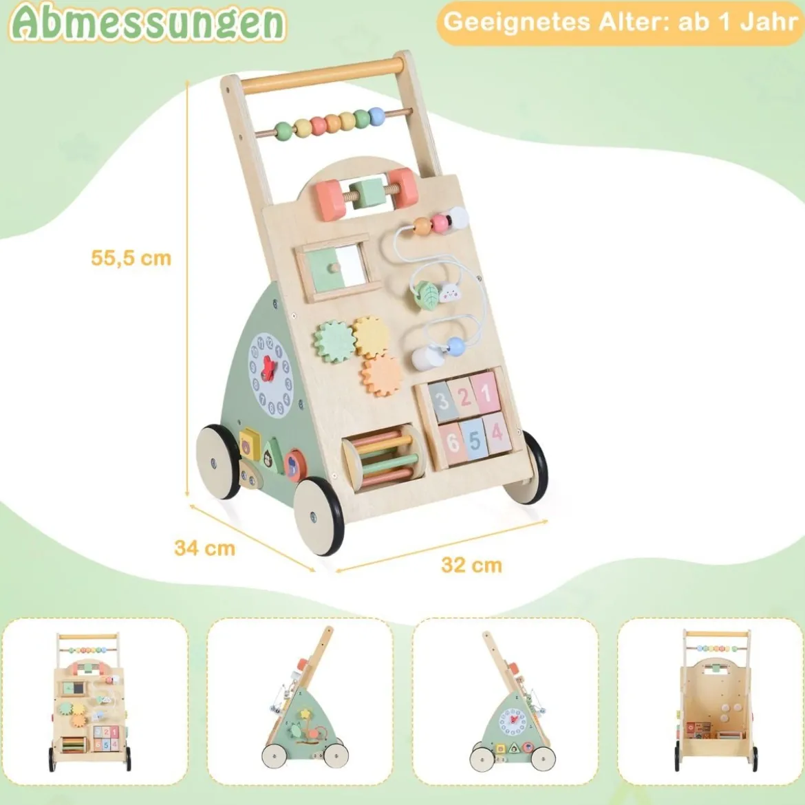 Holz Lauflernhilfe mit Rädern & Aufbewahrungskorb Lauflernwagen Schiebewagen für Babys