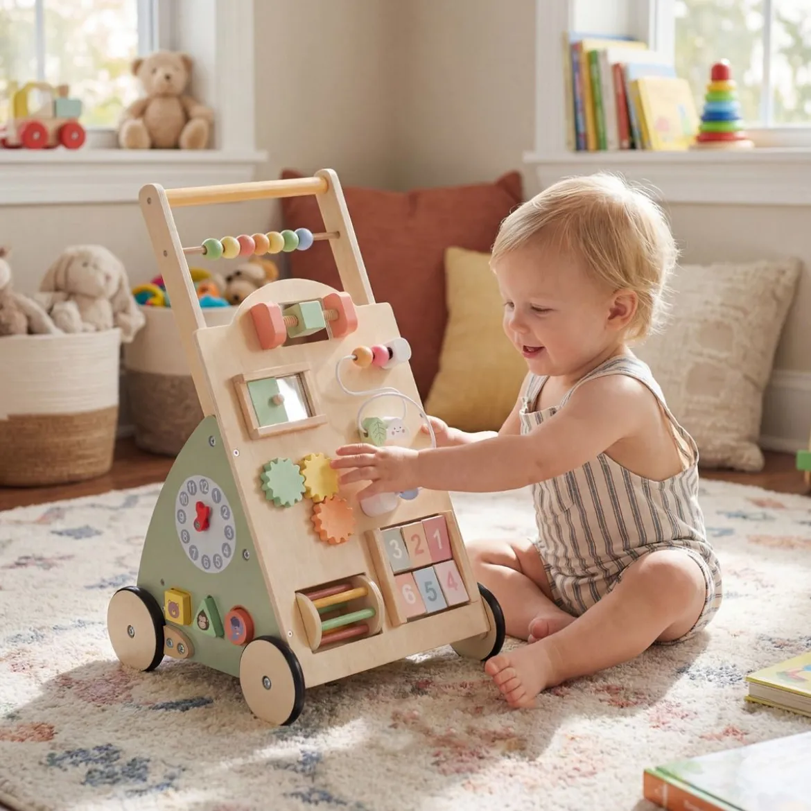 Holz Lauflernhilfe mit Rädern & Aufbewahrungskorb Lauflernwagen Schiebewagen für Babys