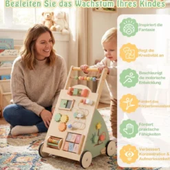 Holz Lauflernhilfe mit Rädern & Aufbewahrungskorb Lauflernwagen Schiebewagen für Babys