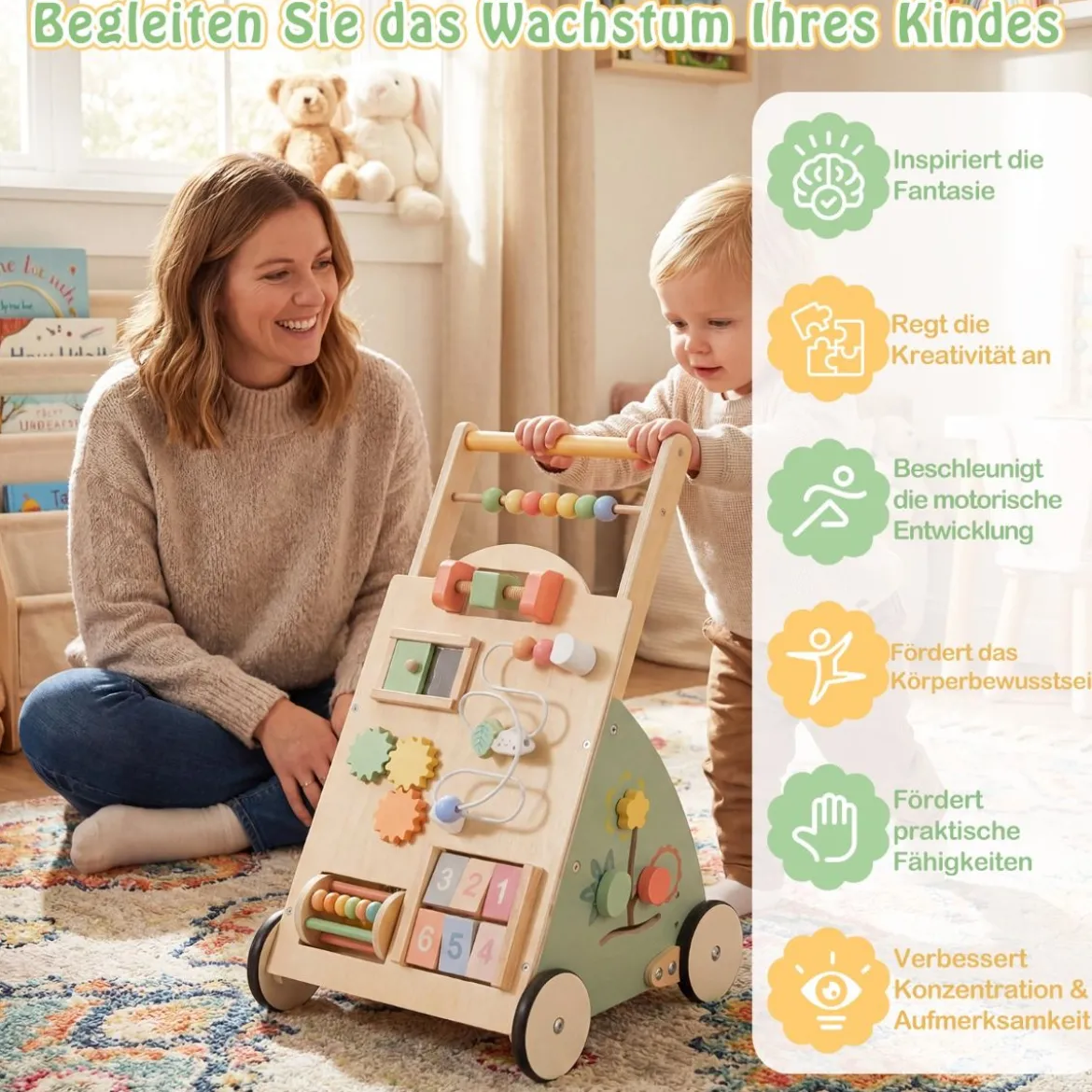 Holz Lauflernhilfe mit Rädern & Aufbewahrungskorb Lauflernwagen Schiebewagen für Babys