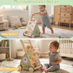 Holz Lauflernhilfe mit Rädern & Aufbewahrungskorb Lauflernwagen Schiebewagen für Babys