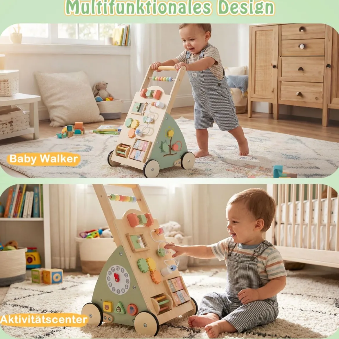 Holz Lauflernhilfe mit Rädern & Aufbewahrungskorb Lauflernwagen Schiebewagen für Babys