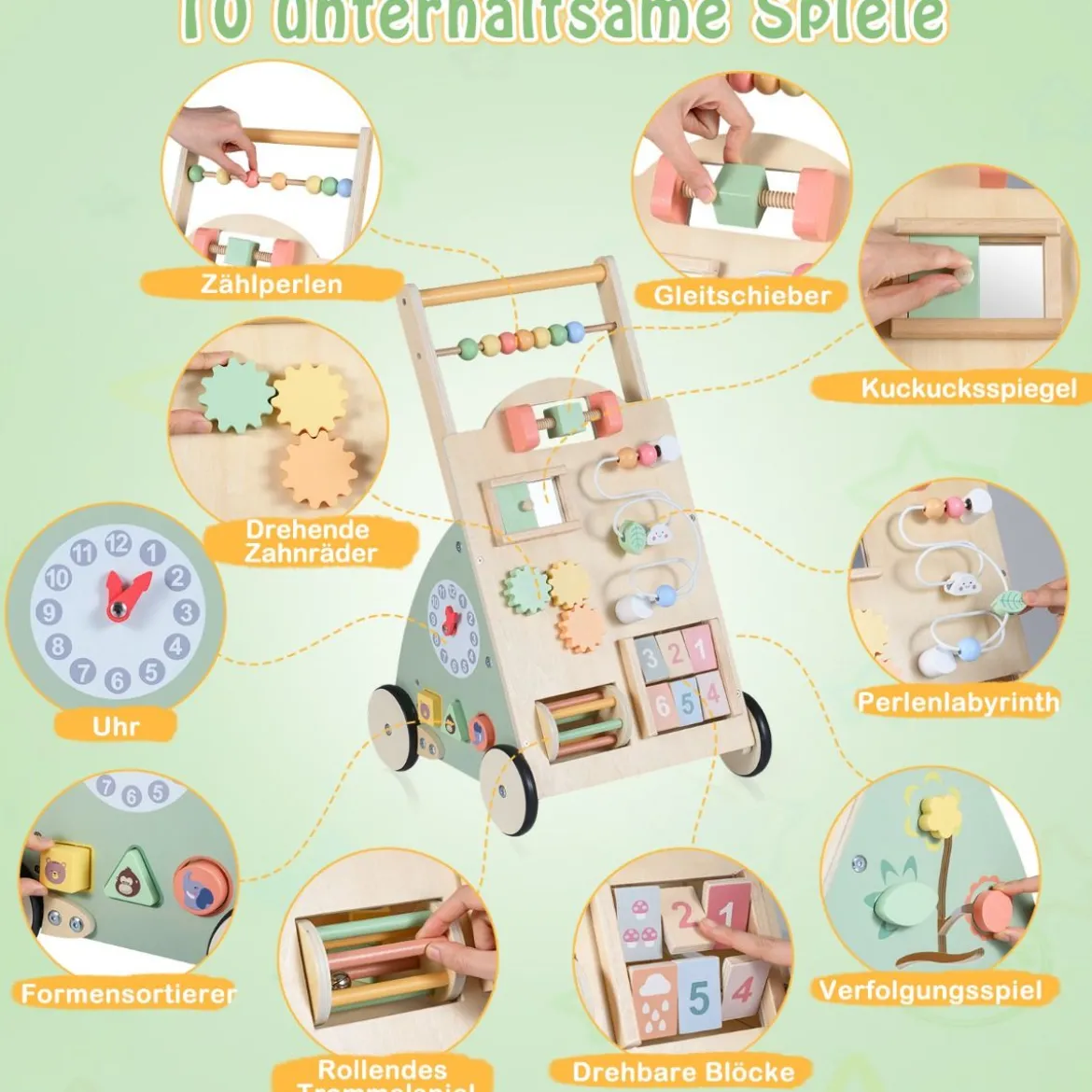 Holz Lauflernhilfe mit Rädern & Aufbewahrungskorb Lauflernwagen Schiebewagen für Babys