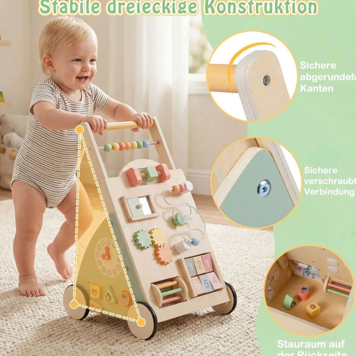 Holz Lauflernhilfe mit Rädern & Aufbewahrungskorb Lauflernwagen Schiebewagen für Babys