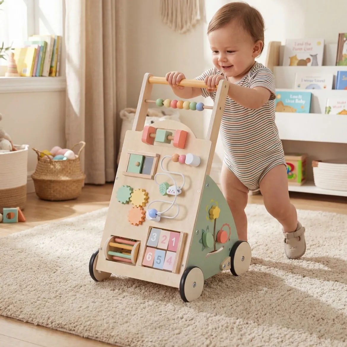 Holz Lauflernhilfe mit Rädern & Aufbewahrungskorb Lauflernwagen Schiebewagen für Babys