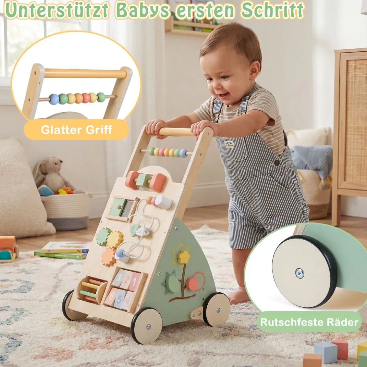 Holz Lauflernhilfe mit Rädern & Aufbewahrungskorb Lauflernwagen Schiebewagen für Babys