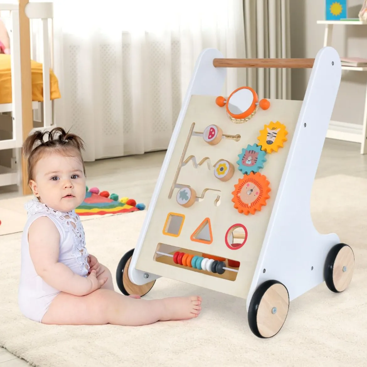 Holz Lauflernwagen mit Formensortierer Steh-Lernwagen für Jungen und Mädchen Weiß