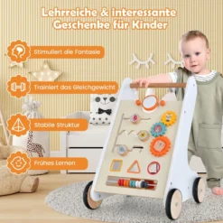 Holz Lauflernwagen mit Formensortierer Steh-Lernwagen für Jungen und Mädchen Weiß