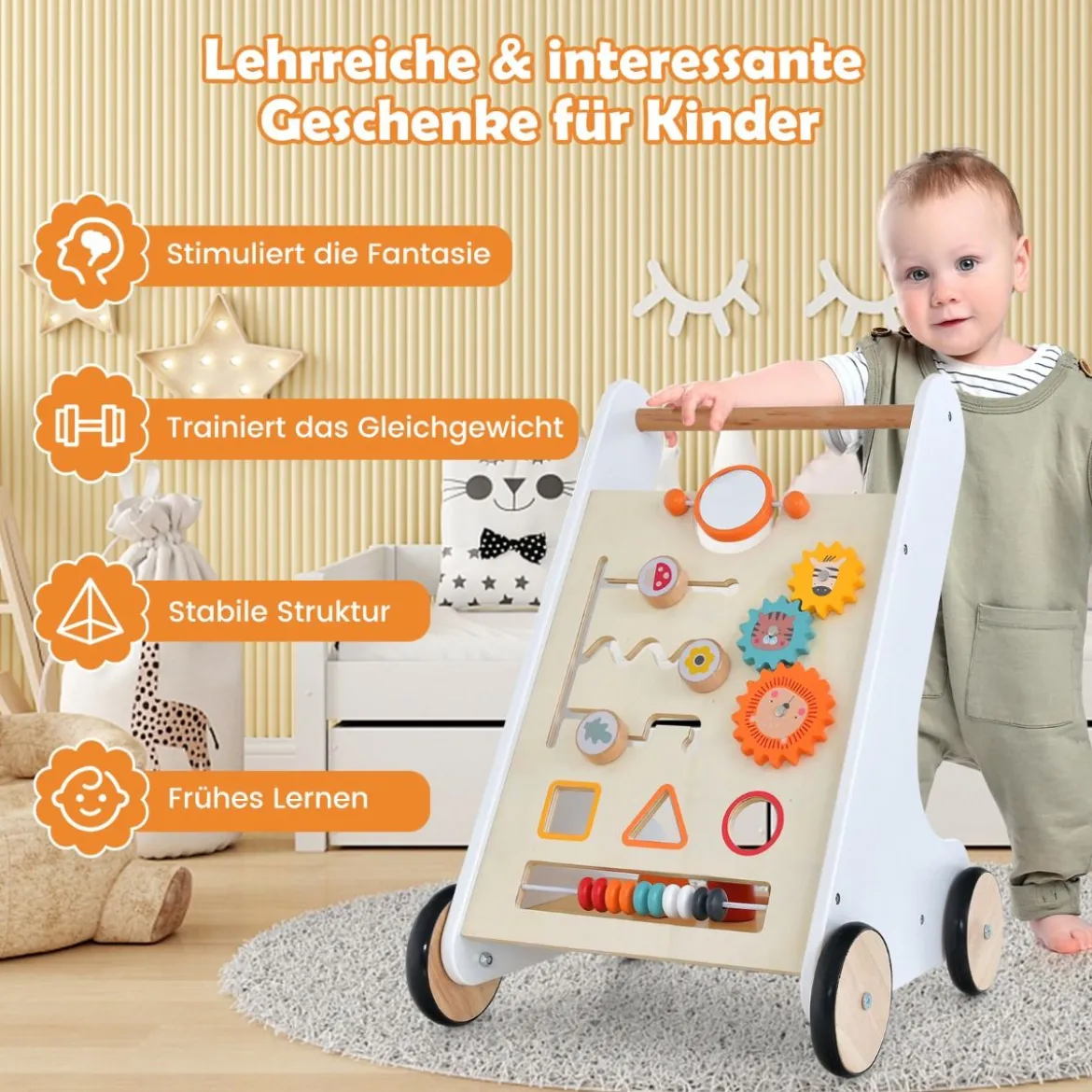 Holz Lauflernwagen mit Formensortierer Steh-Lernwagen für Jungen und Mädchen Weiß