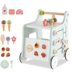 Holz Lauflernwagen mit Stauraum Lauflernhilfe auf Rädern Dessertladen mit Eiscreme Grün