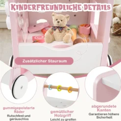 Holz Lauflernwagen mit Stauraum Lauflernhilfe auf Rädern Dessertladen mit Eiscreme Rosa