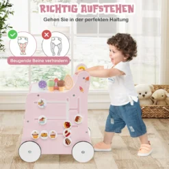 Holz Lauflernwagen mit Stauraum Lauflernhilfe auf Rädern Dessertladen mit Eiscreme Rosa