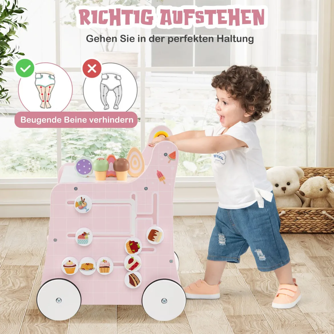 Holz Lauflernwagen mit Stauraum Lauflernhilfe auf Rädern Dessertladen mit Eiscreme Rosa