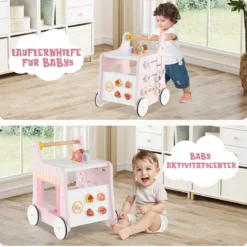 Holz Lauflernwagen mit Stauraum Lauflernhilfe auf Rädern Dessertladen mit Eiscreme Rosa