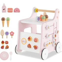 Holz Lauflernwagen mit Stauraum Lauflernhilfe auf Rädern Dessertladen mit Eiscreme Rosa