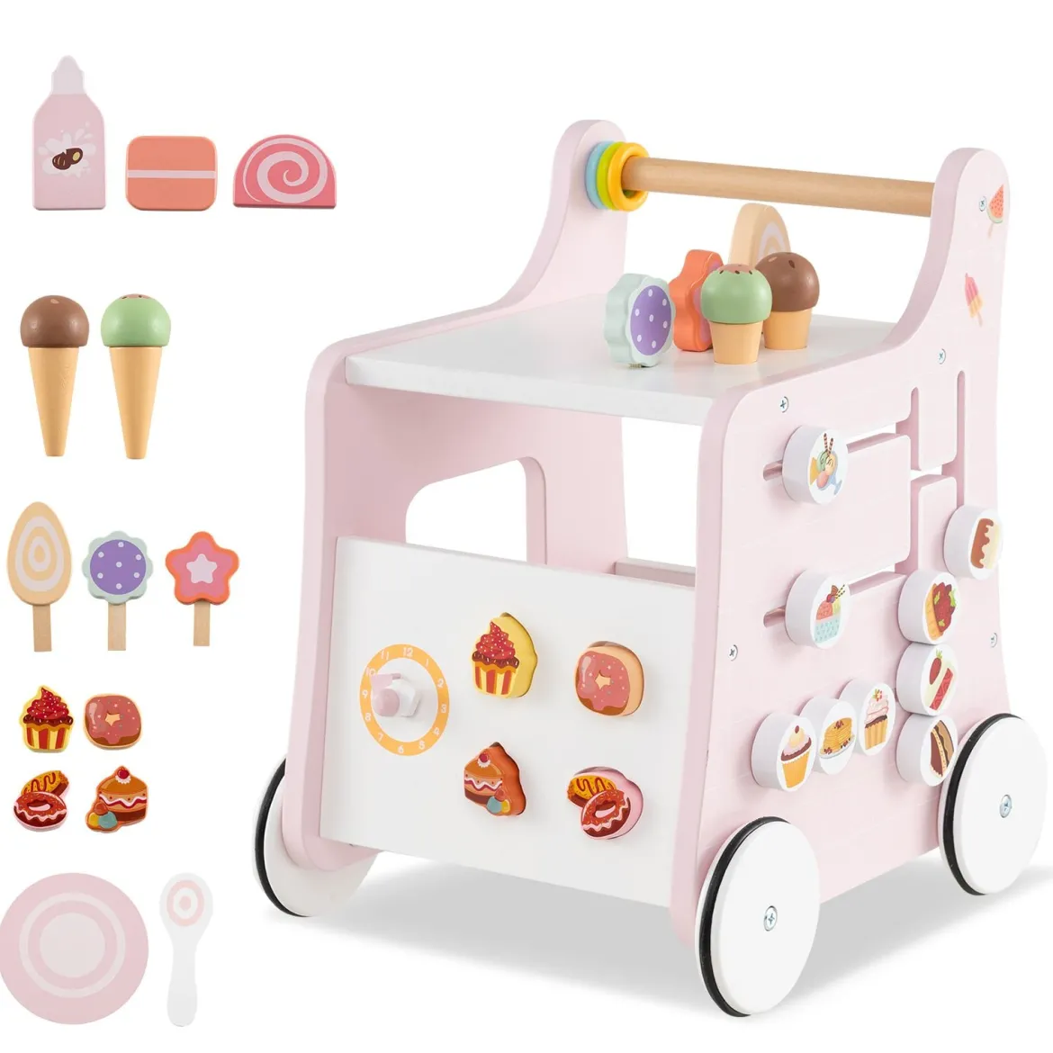Holz Lauflernwagen mit Stauraum Lauflernhilfe auf Rädern Dessertladen mit Eiscreme Rosa