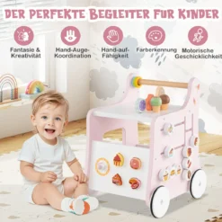 Holz Lauflernwagen mit Stauraum Lauflernhilfe auf Rädern Dessertladen mit Eiscreme Rosa