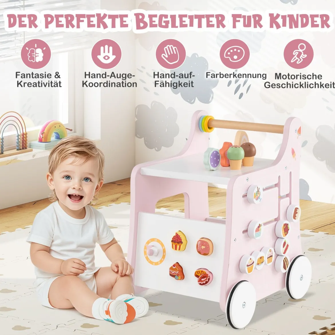 Holz Lauflernwagen mit Stauraum Lauflernhilfe auf Rädern Dessertladen mit Eiscreme Rosa