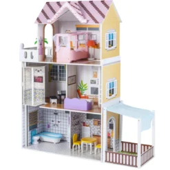 Holz Puppenhaus für Kinder 3-stöckiges DIY modernes Familien-Puppenhaus zum Rollenspiel Rosa