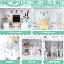 Holz Puppenhaus mit 17-teiliger Möbelausstattung & Treppenzubehör Dollhouse Grün