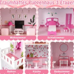 Holz Puppenhaus mit 17-teiliger Möbelausstattung & Treppenzubehör Dollhouse Rosa