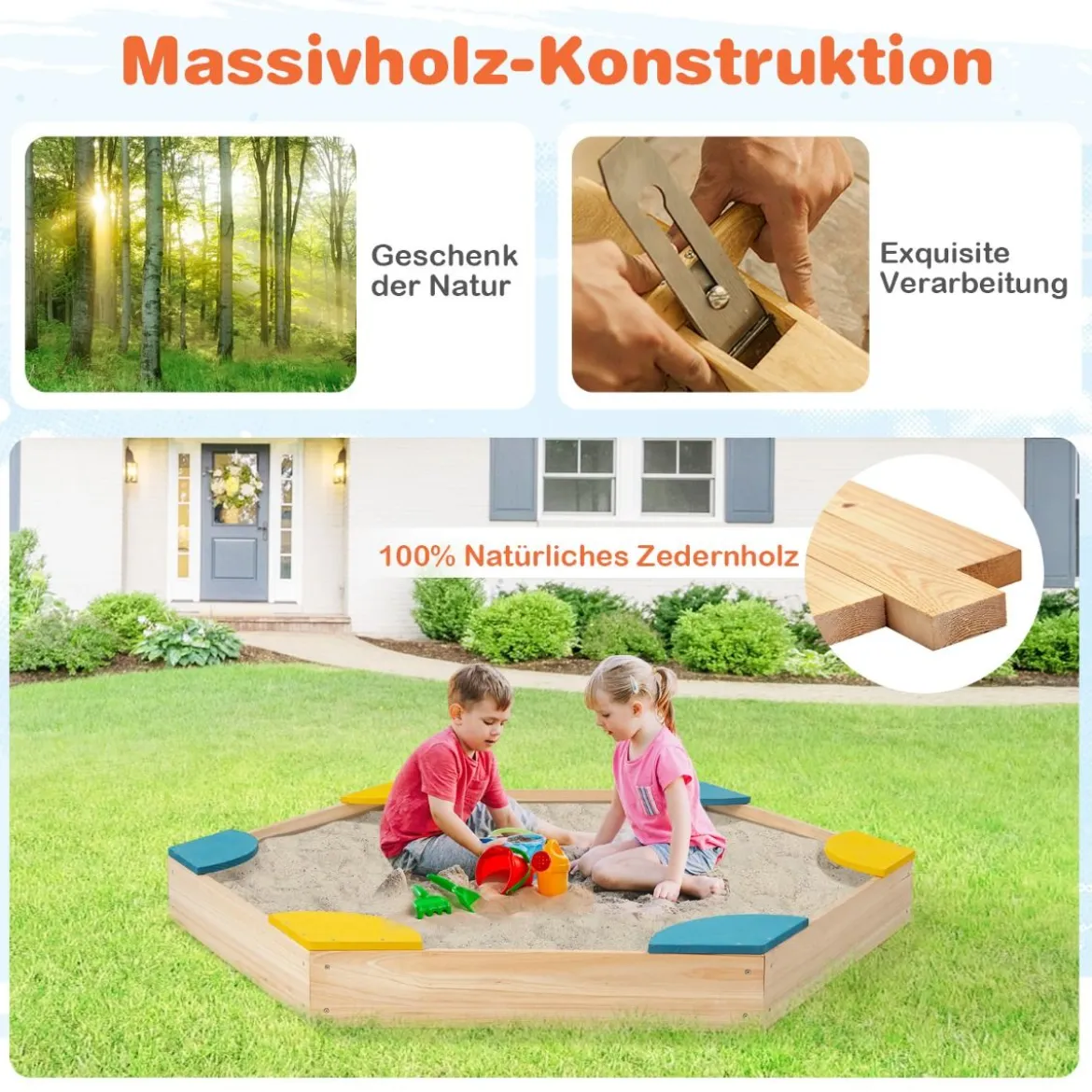 Holz-Sandkasten für den Außenbereich Buddelkiste aus Zedernholz 140 x 122 x 14 cm