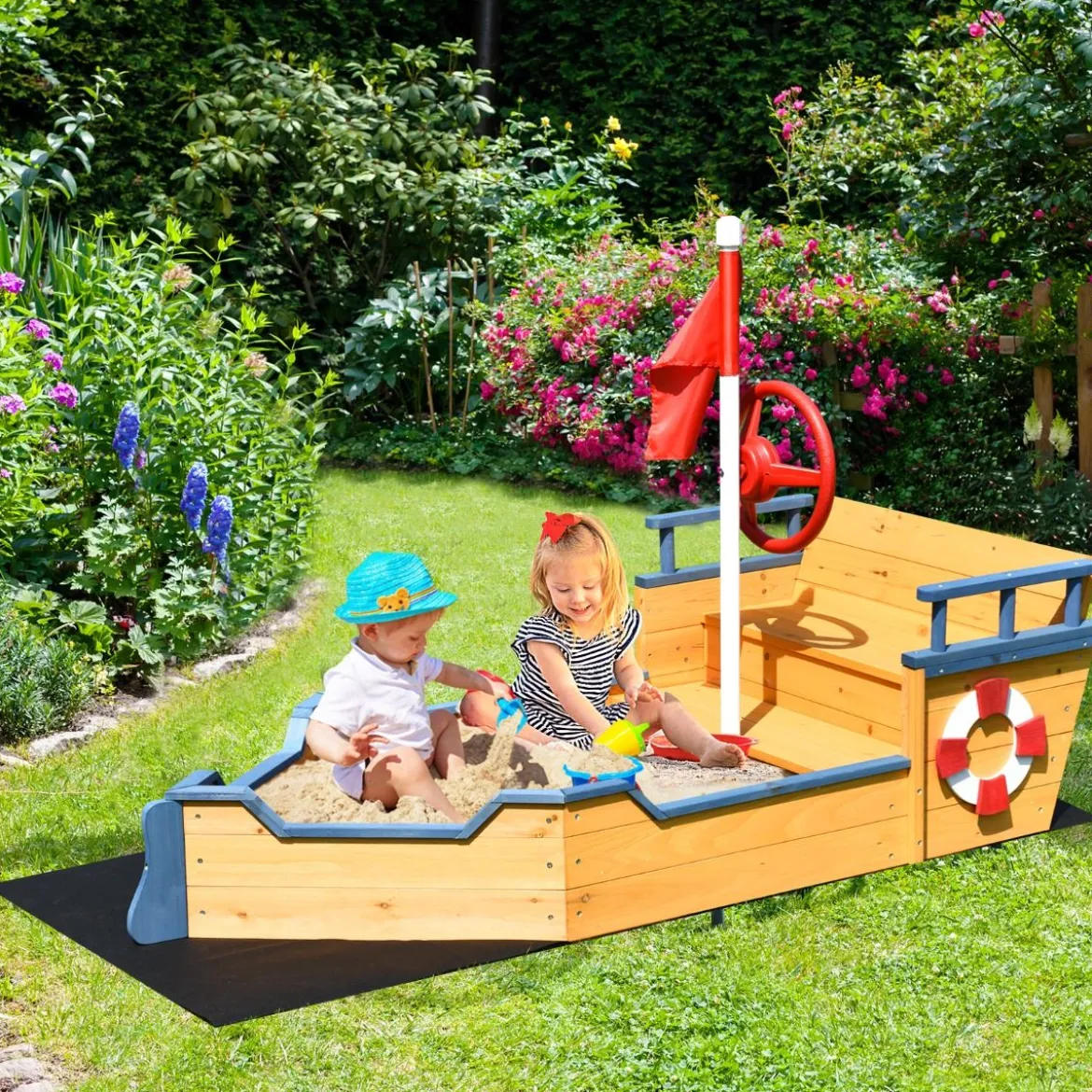 Holz-Sandkasten in Piratenschiff-Optik mit Sitzbank und Flagge Holz-Piratenschiff Kinder-Sandkasten 154 x 78 x 100 cm