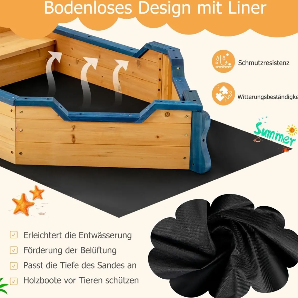 Holz-Sandkasten in Piratenschiff-Optik mit Sitzbank und Flagge Holz-Piratenschiff Kinder-Sandkasten 154 x 78 x 100 cm