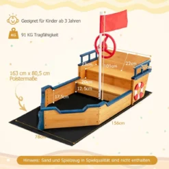 Holz-Sandkasten in Piratenschiff-Optik mit Sitzbank und Flagge Holz-Piratenschiff Kinder-Sandkasten 154 x 78 x 100 cm