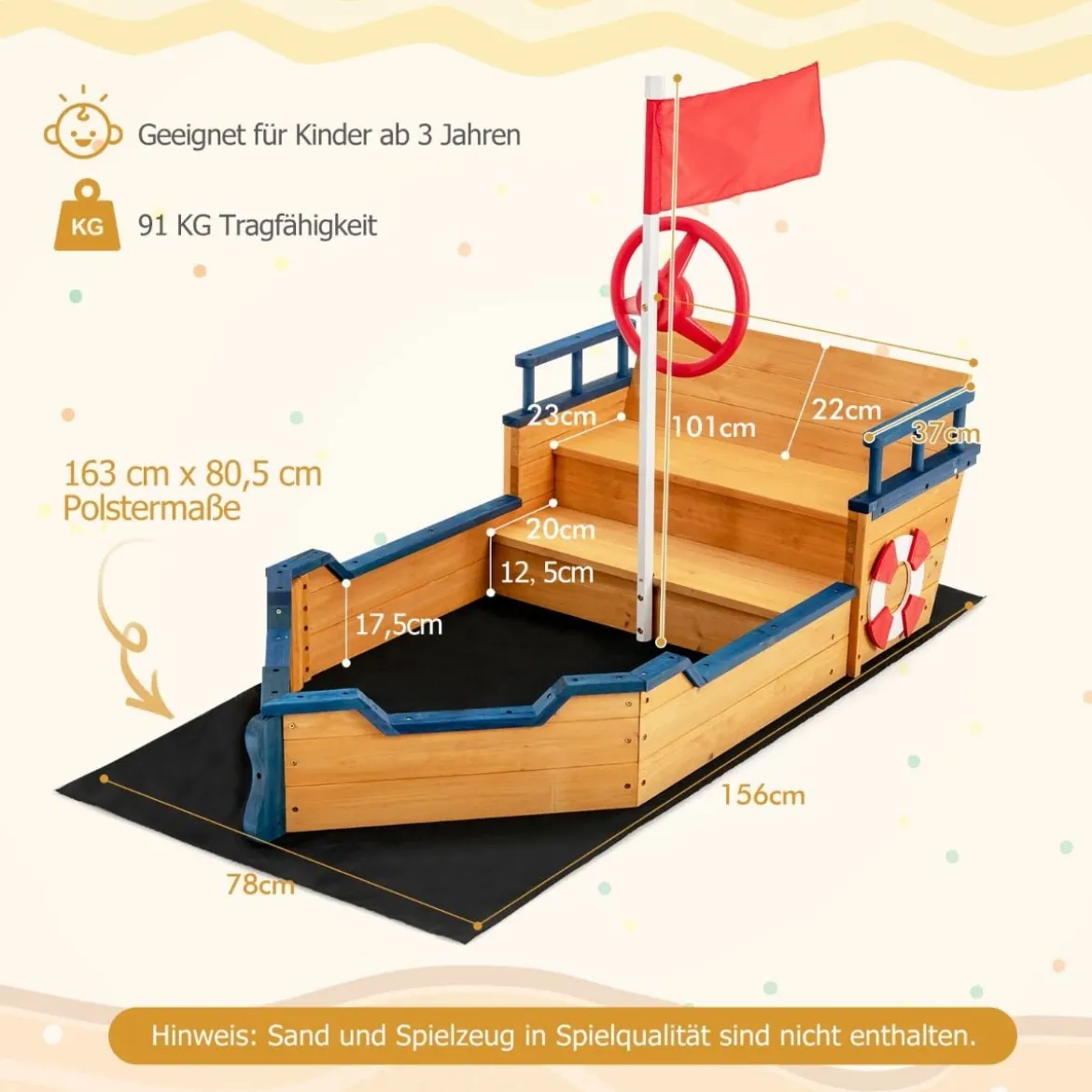 Holz-Sandkasten in Piratenschiff-Optik mit Sitzbank und Flagge Holz-Piratenschiff Kinder-Sandkasten 154 x 78 x 100 cm