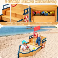 Holz-Sandkasten in Piratenschiff-Optik mit Sitzbank und Flagge Holz-Piratenschiff Kinder-Sandkasten 154 x 78 x 100 cm