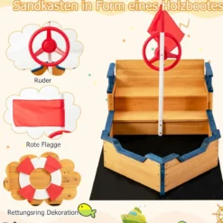 Holz-Sandkasten in Piratenschiff-Optik mit Sitzbank und Flagge Holz-Piratenschiff Kinder-Sandkasten 154 x 78 x 100 cm