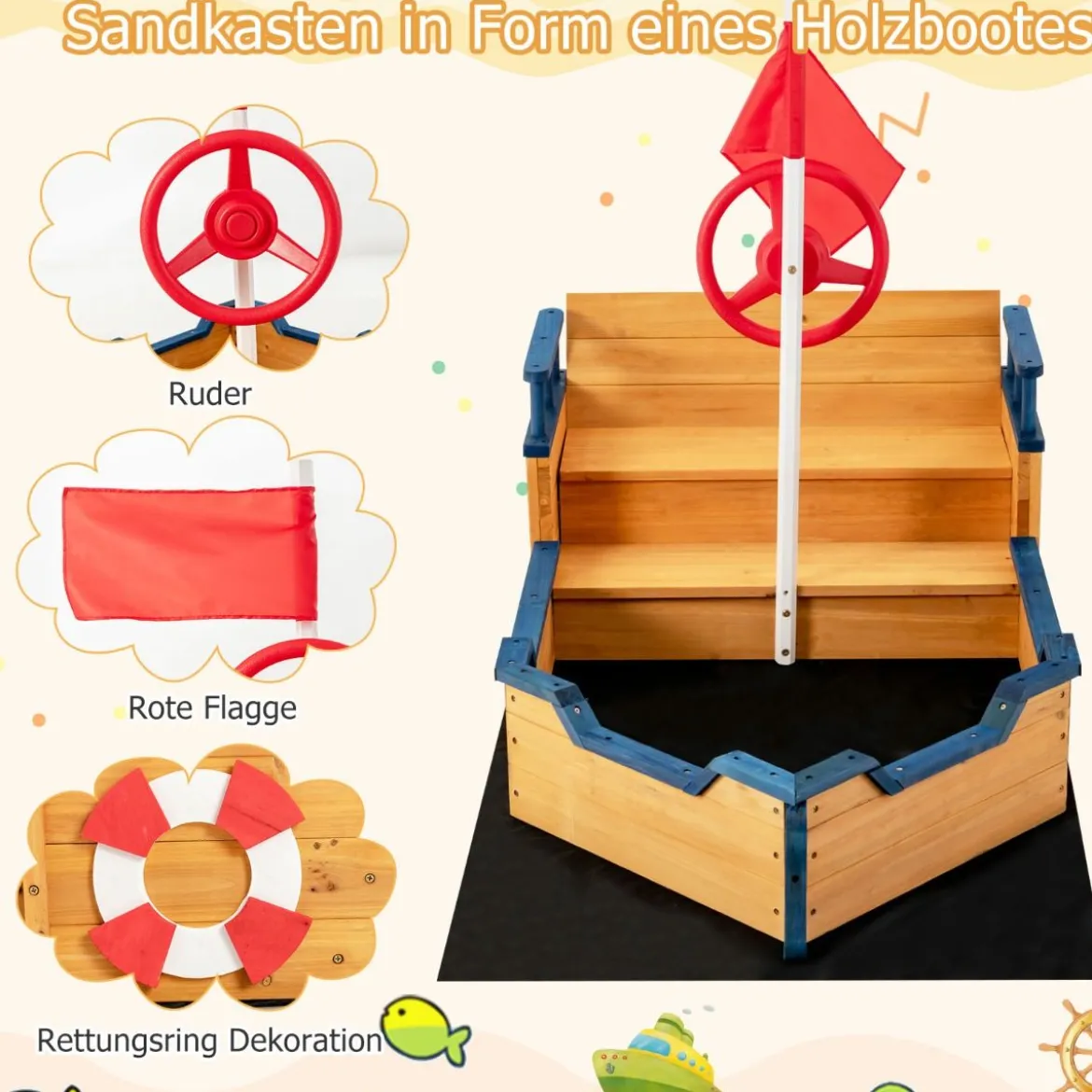 Holz-Sandkasten in Piratenschiff-Optik mit Sitzbank und Flagge Holz-Piratenschiff Kinder-Sandkasten 154 x 78 x 100 cm