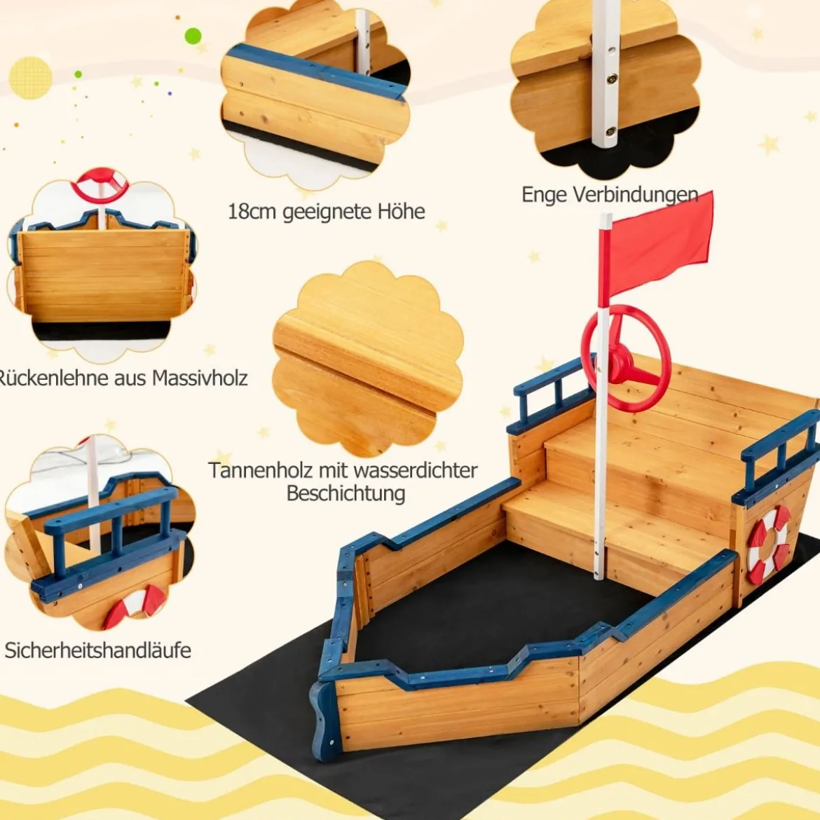 Holz-Sandkasten in Piratenschiff-Optik mit Sitzbank und Flagge Holz-Piratenschiff Kinder-Sandkasten 154 x 78 x 100 cm