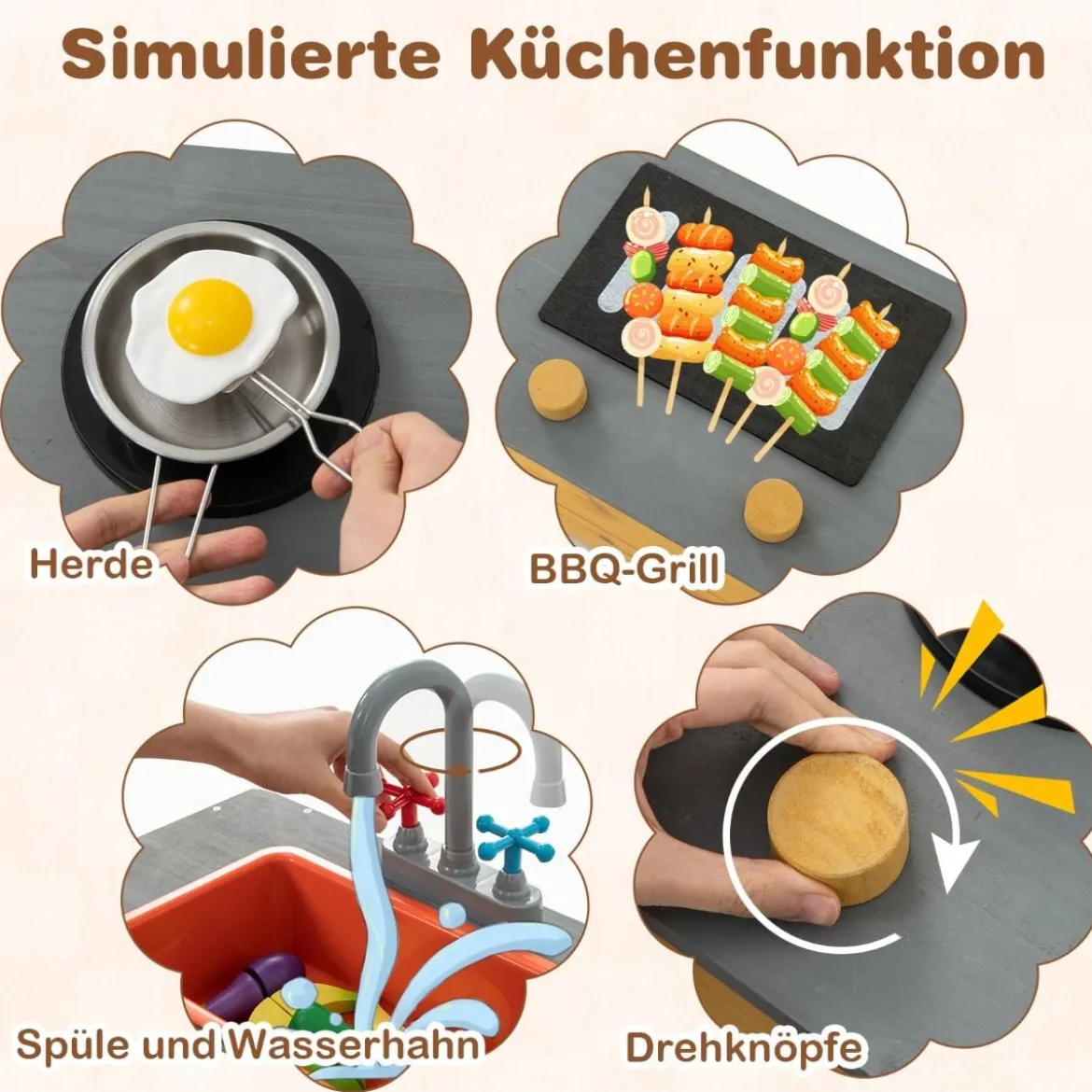 Holzsandkasten mit Küchenzubehör & Eingebauter Sitzbank & Bodenauskleidung Sandkasten