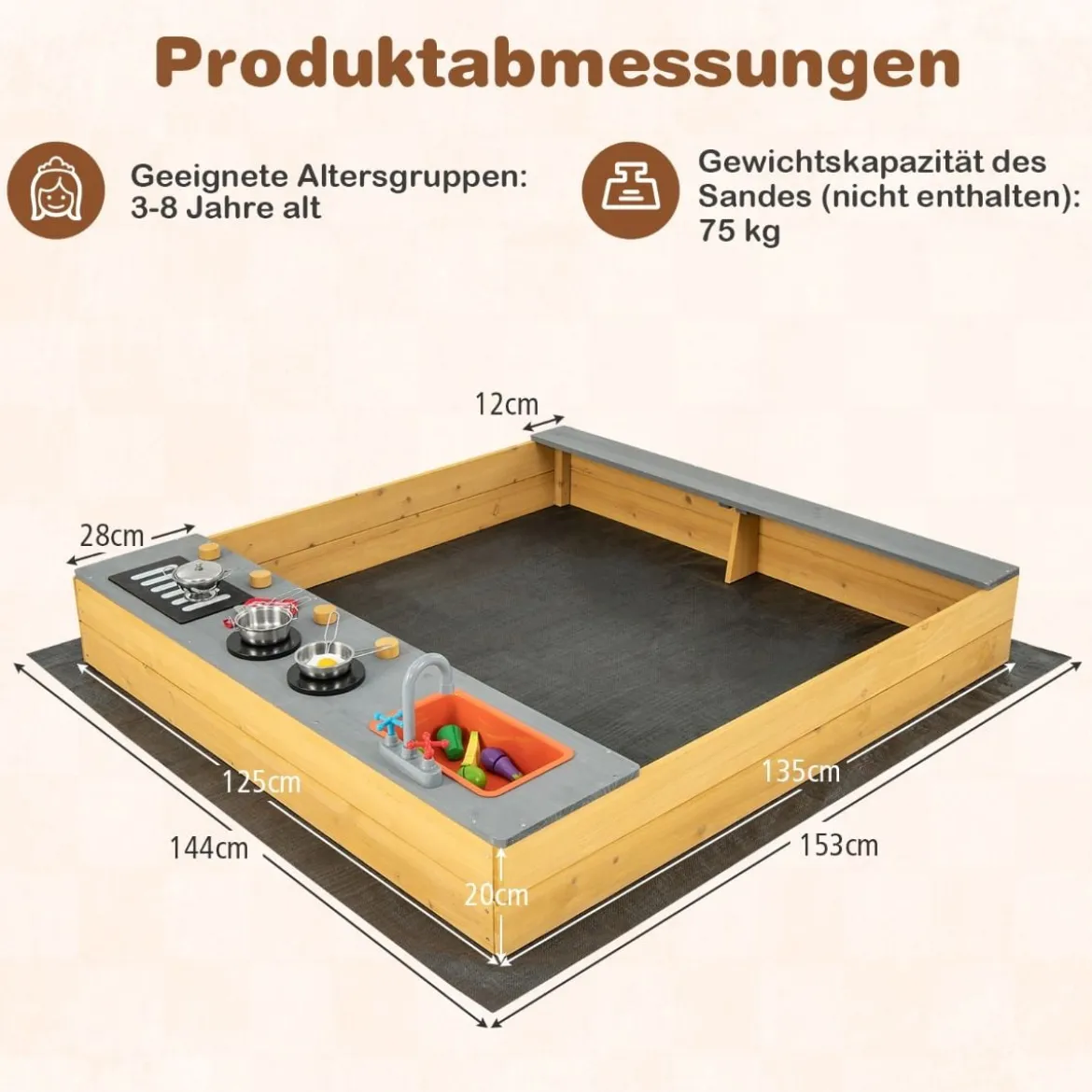 Holzsandkasten mit Küchenzubehör & Eingebauter Sitzbank & Bodenauskleidung Sandkasten